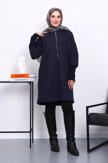 Lacivert Fermuarlı Yün Kaşe Kaban