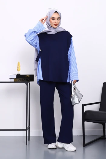 Lacivert Garnili Tunik Pantolonlu Modal Takım