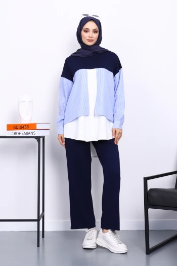 Lacivert Garnili Tunik Pantolonlu Modal Takım