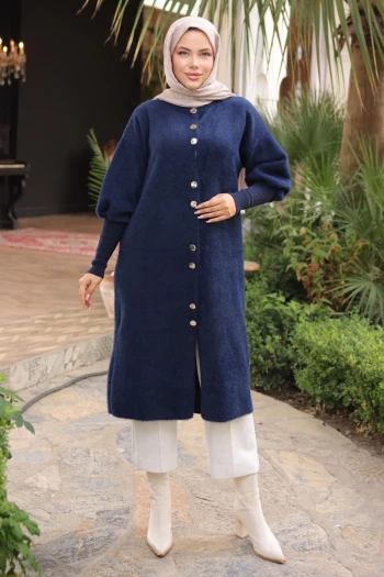 Lacivert Hakim Yaka Angora Yumoş Hırka