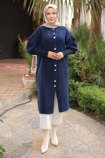 Lacivert Hakim Yaka Angora Yumoş Hırka