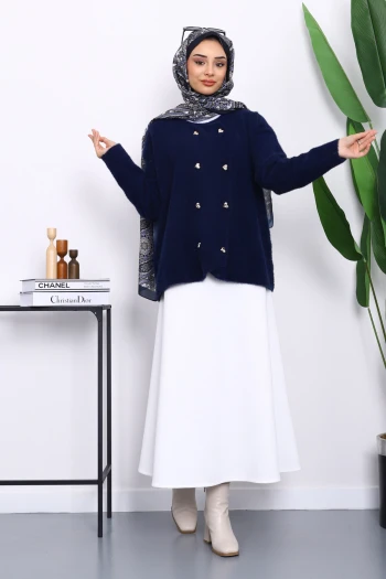 Lacivert Kalp Düğme Detaylı Angora Yumoş Triko Hırka