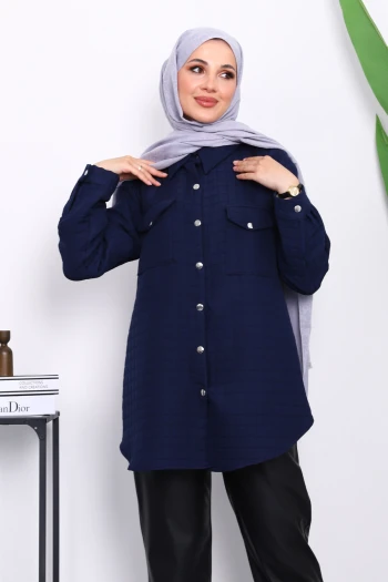 Lacivert Kapitone Çıtçıtlı Cepli Ceket