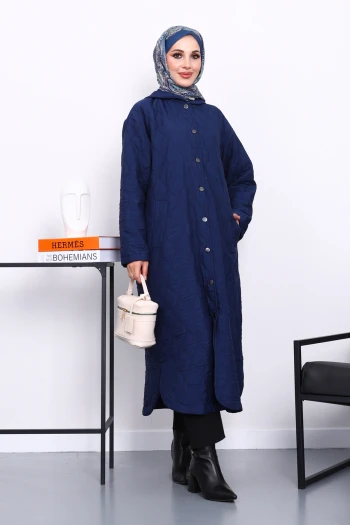 Lacivert Kapitone Kapşonlu Trençkot