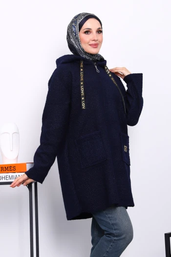 Lacivert Kapşonlu Cepli Buklet Kaban