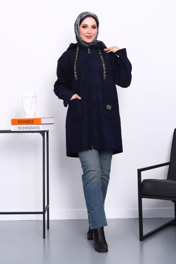 Lacivert Kapşonlu Cepli Buklet Kaban