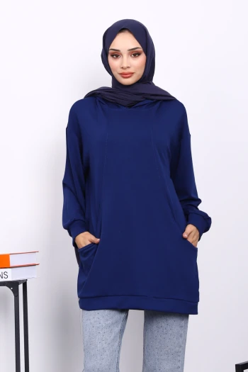 Lacivert Kapşonlu Çift Cepli Tunik