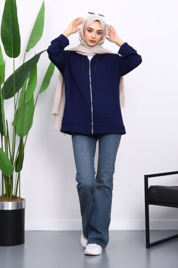 Lacivert Kapşonlu Fermuarlı Modal Sweat Hırka