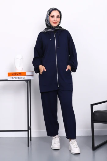 Lacivert Kapşonlu Fermuarlı Tunik Pantolonlu Takım