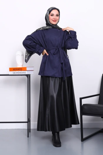 Lacivert Kol Apoletli Astarlı Süet Ceket