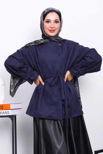 Lacivert Kol Apoletli Astarlı Süet Ceket