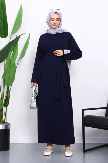Lacivert Kolu Armalı Reglan Kol Basic Modal Kuşaklı Elbise