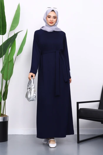 Lacivert Kolu Armalı Reglan Kol Basic Modal Kuşaklı Elbise