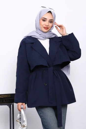 Lacivert Kravuze Yaka Düğmeli Kısa Trençkot