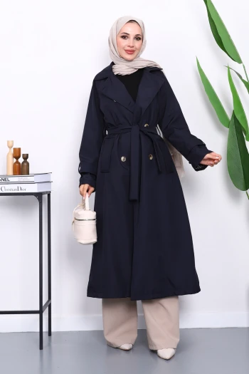 Lacivert Kravuze Yaka Kuşaklı Astarlı Trençkot