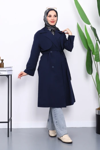 Lacivert Kravuze Yaka Kuşaklı  Cepli Trençkot
