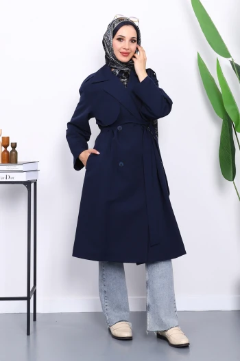 Lacivert Kravuze Yaka Kuşaklı  Cepli Trençkot
