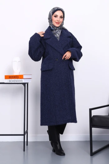 Lacivert Kruvaze Yaka Astarlı Kaşe Kaban