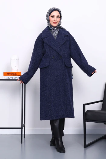 Lacivert Kruvaze Yaka Astarlı Kaşe Kaban