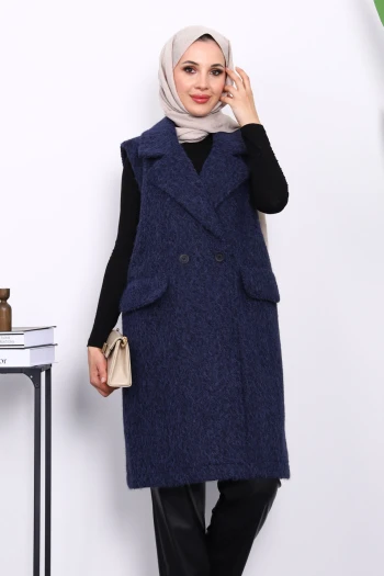 Lacivert Kruvaze Yaka Astarlı Kaşe Yelek