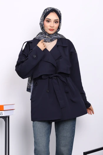 Lacivert Kruvaze Yaka Astarlı Kısa Trençkot
