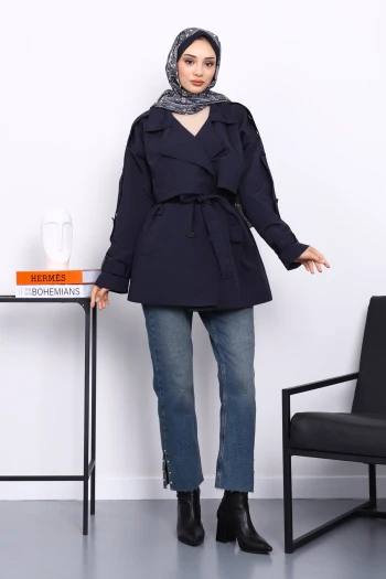 Lacivert Kruvaze Yaka Astarlı Kısa Trençkot