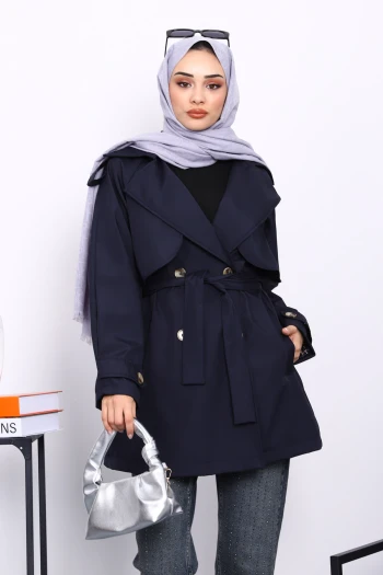Lacivert Kruvaze Yaka Astarlı Trençkot