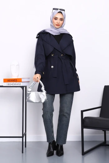 Lacivert Kruvaze Yaka Astarlı Trençkot