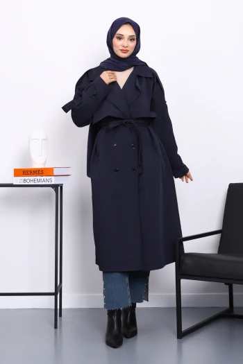 Lacivert Kruvaze Yaka Astarlı Trençkot