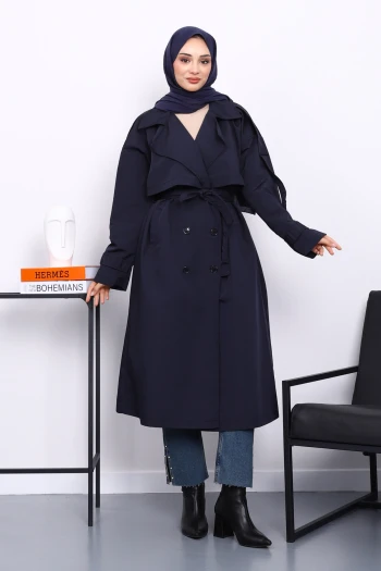 Lacivert Kruvaze Yaka Astarlı Trençkot