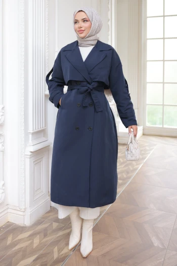 Lacivert Kruvaze Yaka Bel Kuşaklı Trençkot
