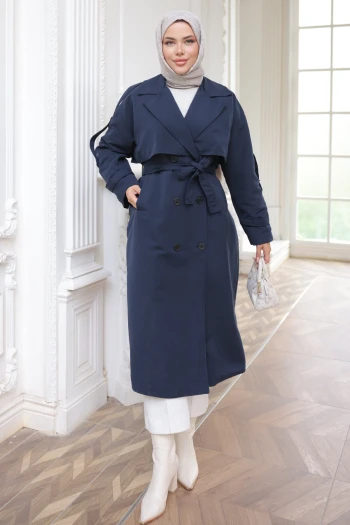 Lacivert Kruvaze Yaka Bel Kuşaklı Trençkot
