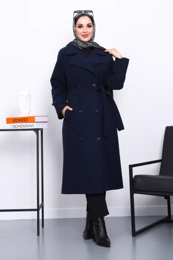 Lacivert Kruvaze Yaka Kuşaklı Kaşe Kaban