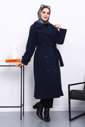 Lacivert Kruvaze Yaka Kuşaklı Kaşe Kaban