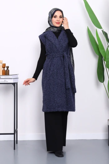 Lacivert Kruvaze Yaka Kuşaklı Keçe Yelek