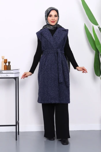 Lacivert Kruvaze Yaka Kuşaklı Keçe Yelek