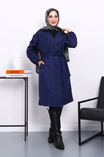 Lacivert Kruvaze Yaka Kuşaklı Trençkot