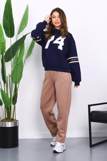 Lacivert Ön Ve Kol Baskılı Üç İplik Sweat