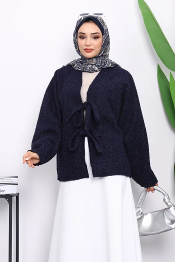 Lacivert Önü Bağlamalı Keçe Kimono Ceket