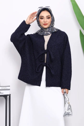 Lacivert Önü Bağlamalı Keçe Kimono Ceket