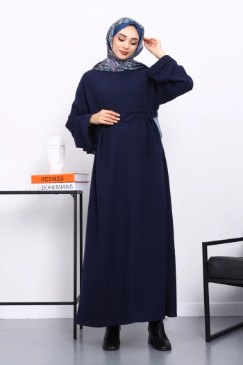 Lacivert Önü Dikişli Oversize Dokulu Uzun Elise