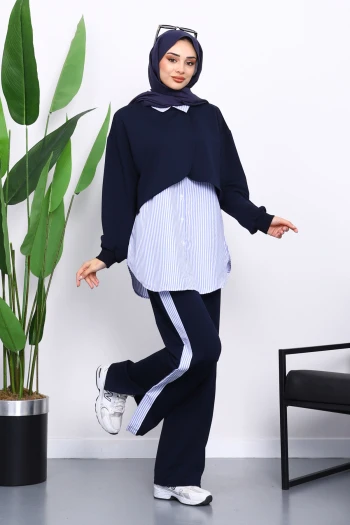 Lacivert Pelerin Görünümlü Gömlek Pantolonlu Modal Takım