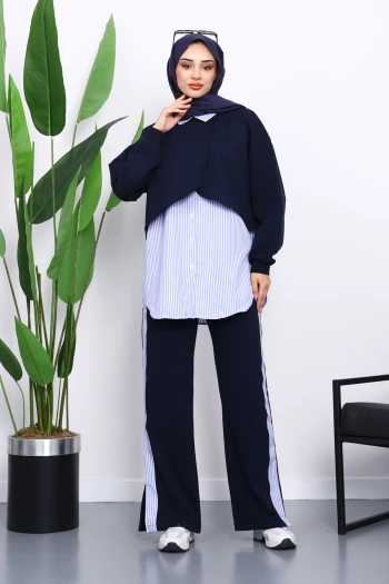 Lacivert Pelerin Görünümlü Gömlek Pantolonlu Modal Takım