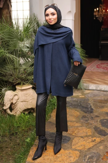 Lacivert Şal Detaylı Dokulu Hırka
