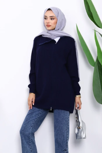 Lacivert Selanik Örgülü Fermuarlı Triko Hırka