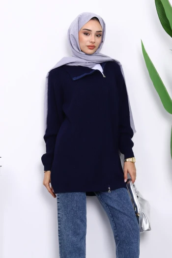 Lacivert Selanik Örgülü Fermuarlı Triko Hırka