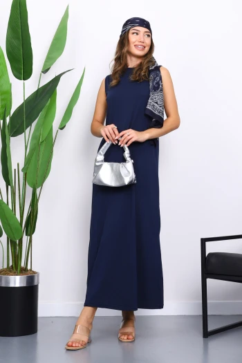 Lacivert Sıfır Kol Penye Tesettür İçlik Elbise