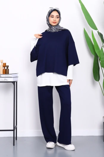 Lacivert Tişört İçlik Pantolonlu Üçlü Kombin Takım