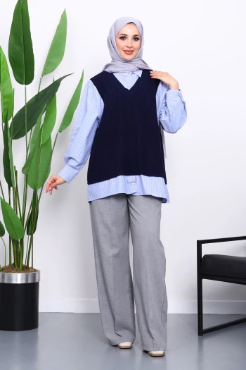 Lacivert Triko Garnili Gömlek