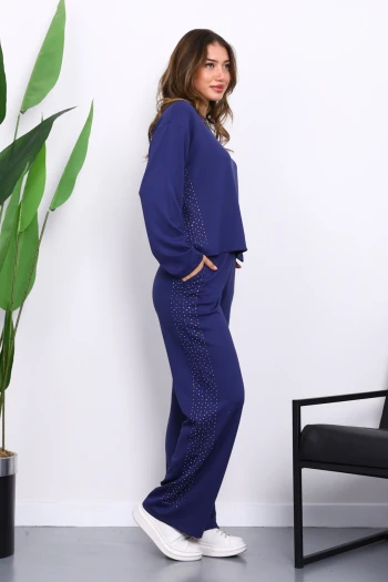 Lacivert Yanları Taş Detaylı Modal Takım